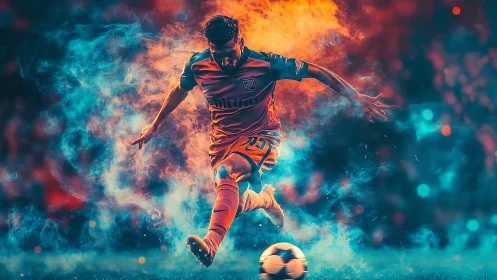 Dynamic football striker framed by dual-tone incendiary smoke