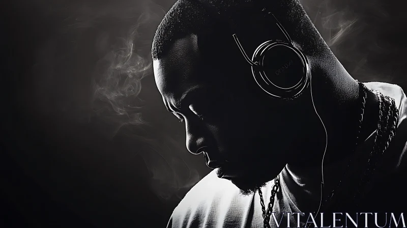 High-contrast side-lit portrait isolates headphone listener in smoke