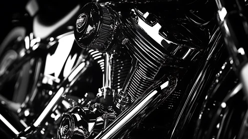 Monochrome close-up isolates chrome motorcycle engine components