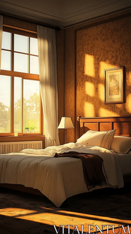 Sunlit bedroom interior shows structured light and textures