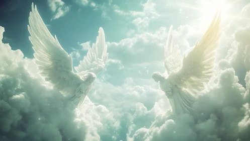 Celestial marble angels with extended wings amid luminous clouds