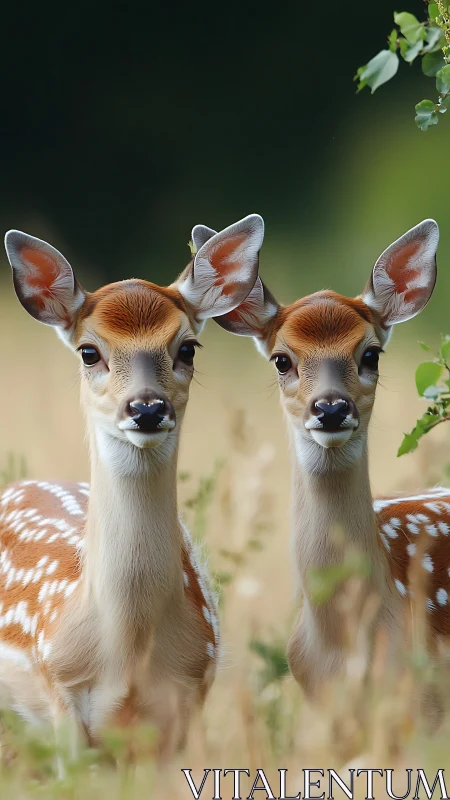 Twin spotted fawns in shallow-depth telephoto field study.