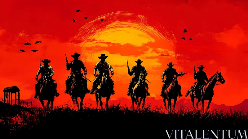Six armed cowboys on horseback ride across red sunset