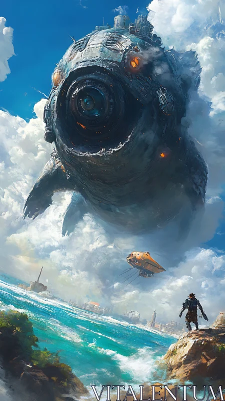 Gigantic airborne vessel over coastal city landscape.