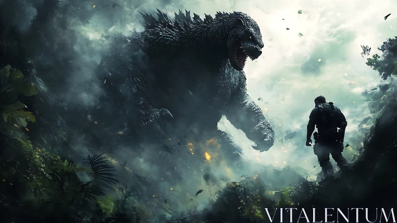 Colossal reptilian titan confronting lone soldier in misty ravine.