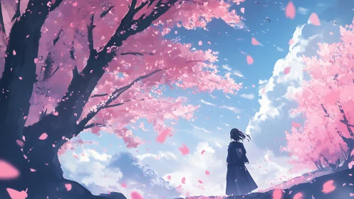 Girl under cherry blossoms in soft blue spring sky.