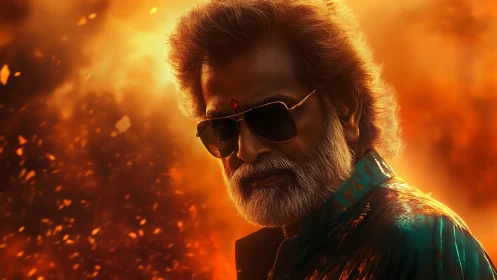 Middle‑aged man in sunglasses stands before fiery bokeh field