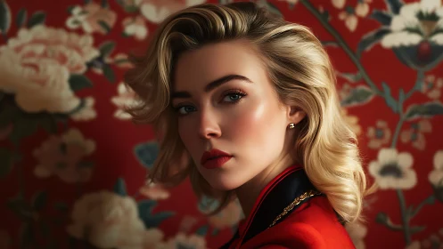 Blonde portrait contrasts vivid floral red wallpaper.