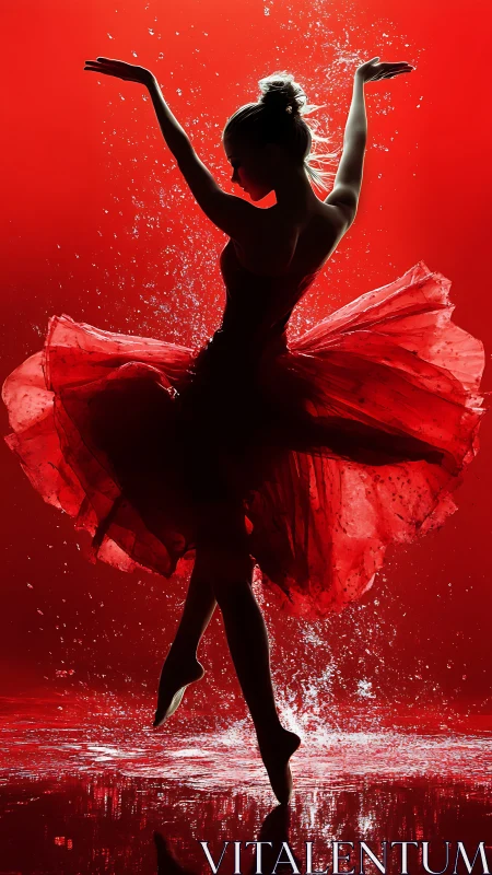 Silhouetted dancer moves through splashing water on red stage