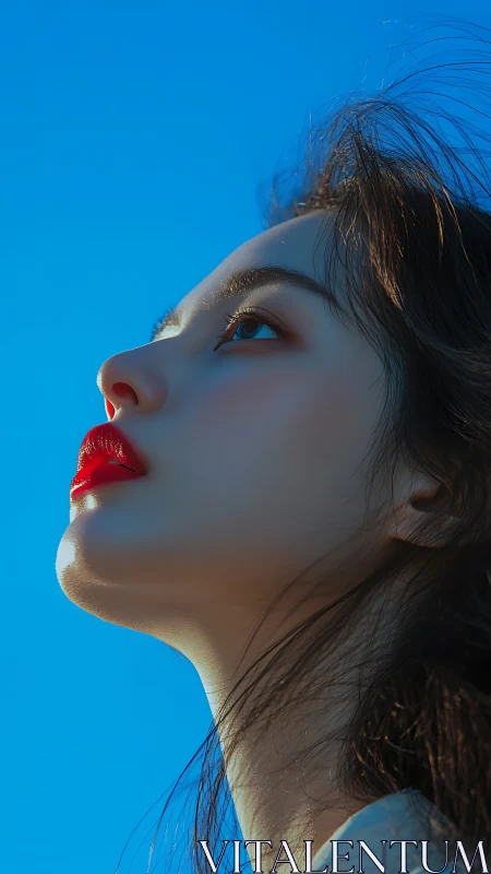 Upward-angled portrait under saturated cyan sky illumination.