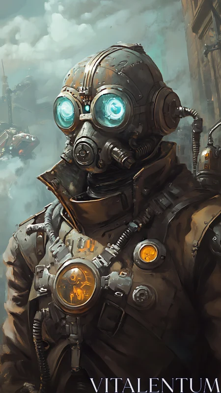 Industrial respirator figure in fogged urban landscape.