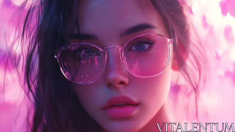 Neon-lit portrait of young woman in reflective pink glasses