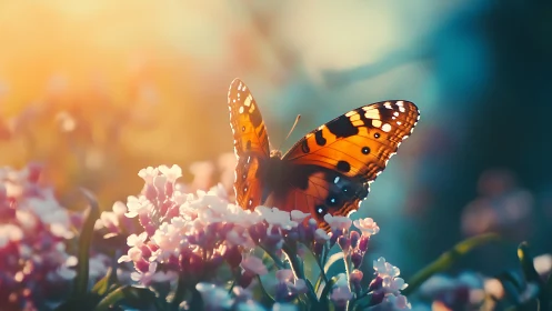 Butterfly on clustered blossoms in soft sunset backlight.