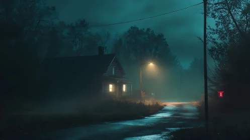 Foggy rural road with lit house and eerie streetlamp glow.