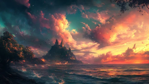 Coastal castle under vivid storm-lit sunset sky.