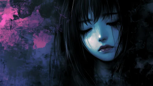 Closed-eyed blue-toned female portrait in dark field.