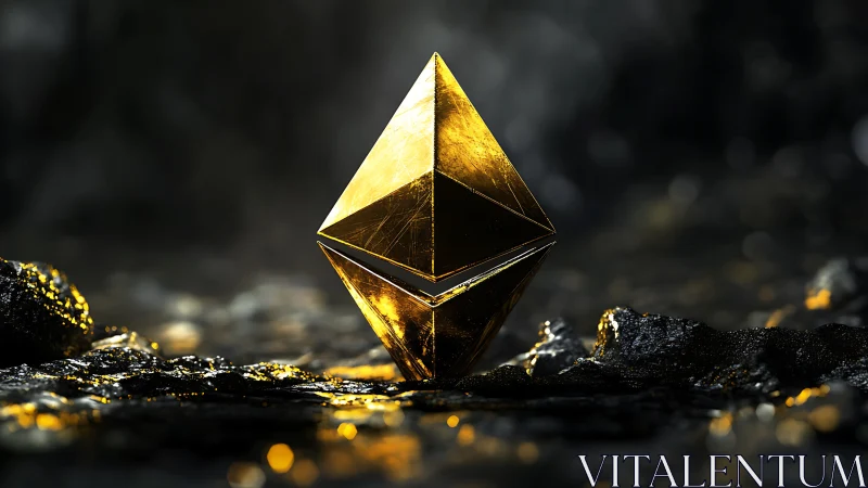 Golden crystal pyramid sculpture in dark rocky setting.