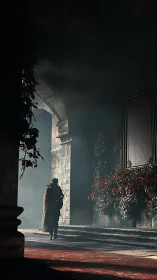 Cloaked wanderer crossing a rose-lit, forgotten arcade.