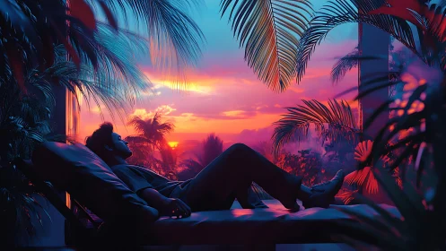Man reclines under neon tropical sunset sky framed by palms