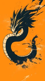 Coiled black dragon silhouette slashes vivid orange field.