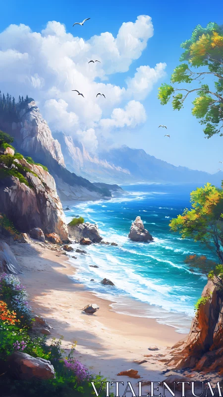 Sunlit coastal cliffs welcome gentle waves and soaring birds