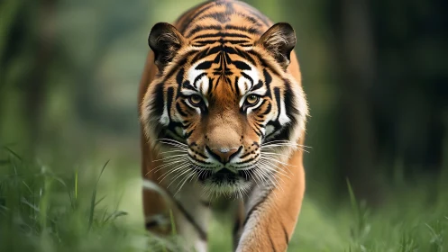 Tiger moves forward through shallow grass in soft focus forest