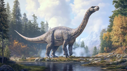 Sauropod dinosaur walking by forest river in mountains.