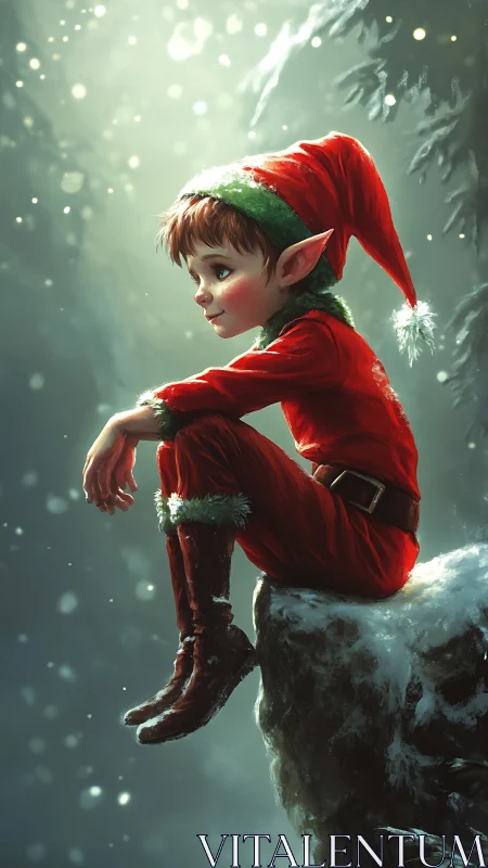 Thoughtful Christmas elf resting on snowy forest ledge.