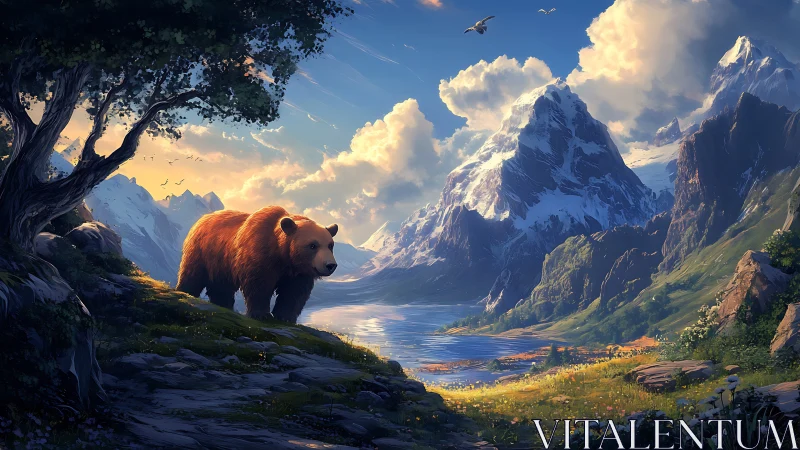 Brown bear standing in sunlit alpine valley by a lake.