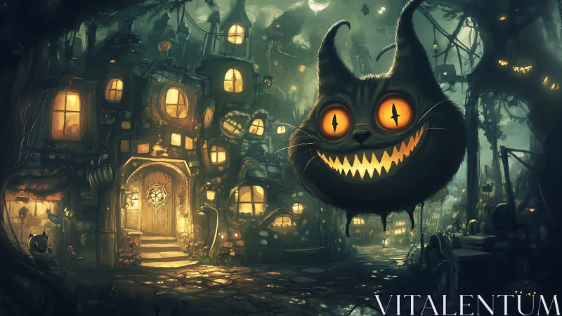 Glowing cat spirit smiles over a crooked, lantern lit village