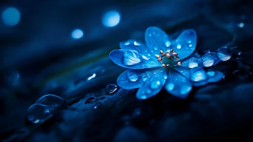 Bioluminescent Flower with Dew Drops on Dark Branch.