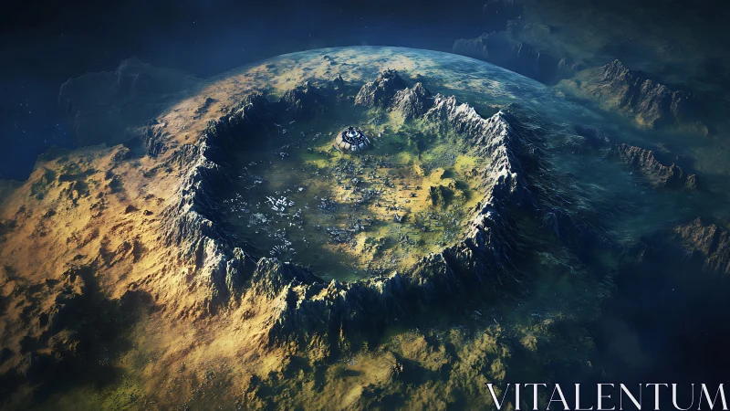 Vast crater worldscape with isolated central outpost.