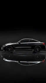 High-gloss black sports coupe rendered in side profile with reflective floor