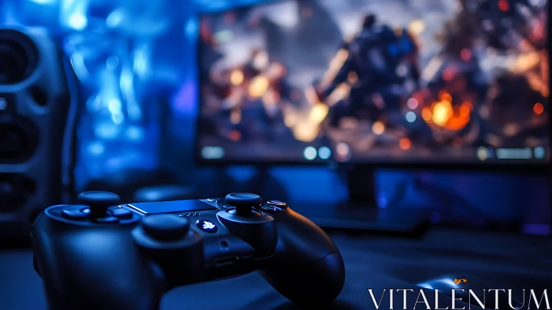 Midnight gamepad poised before neon-soaked battle worlds.