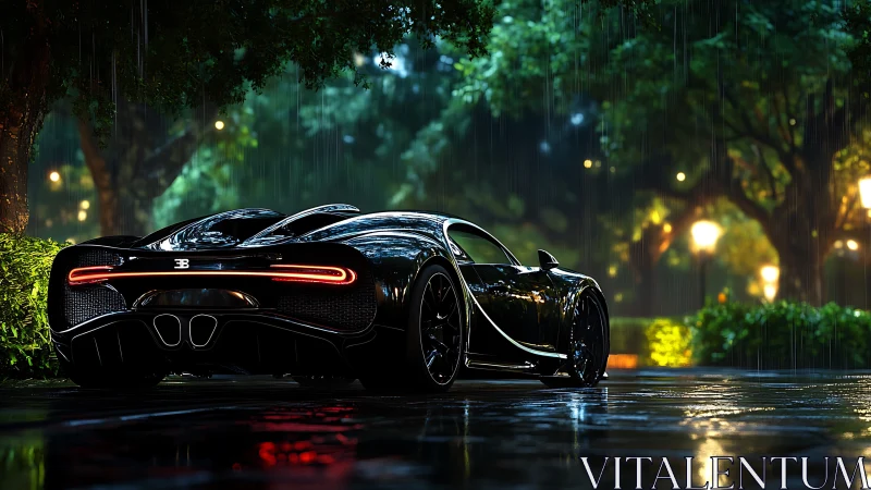 Wet-night rear three-quarter view of hypercar with glossy reflections