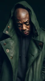 Hooded gaze sharpens under midnight green trench coat