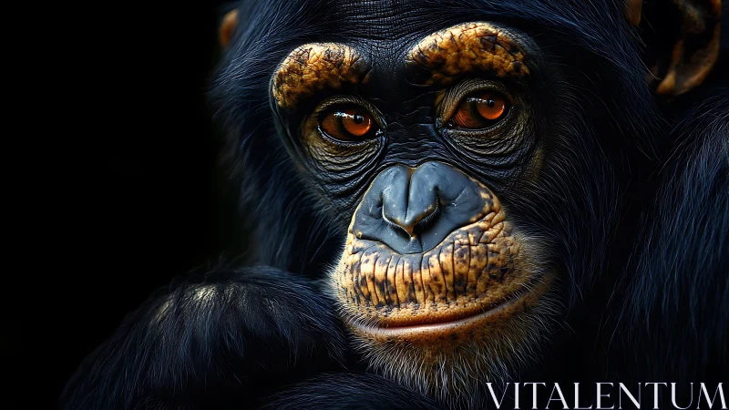 Close frontal portrait of chimpanzee against dark background.