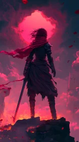 Warrior silhouetted against crimson eclipse in atmospheric concept art