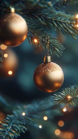 Gold Christmas ornament hangs on illuminated evergreen branch
