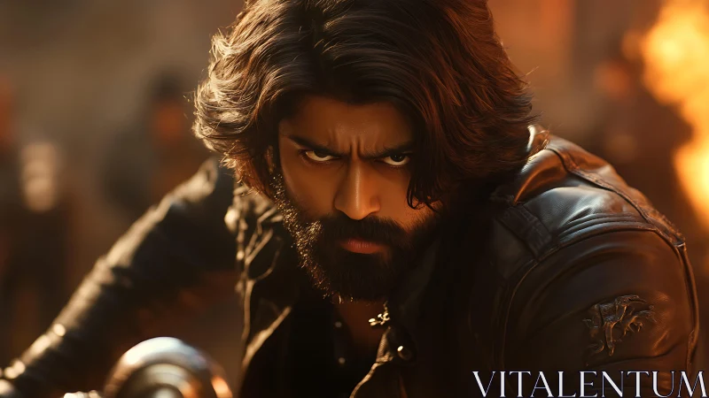 Cinematic close-up of intense rider in leather under warm keylight