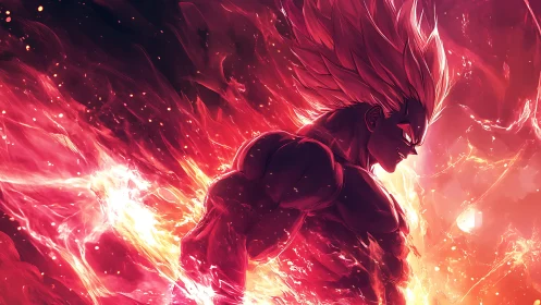 Dynamic anime warrior in infernal backlit energy surge.