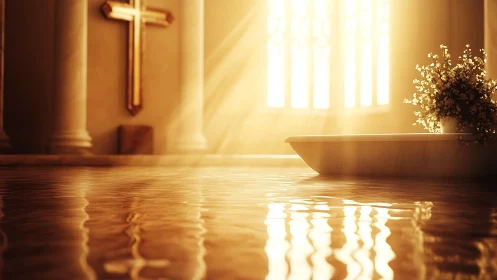Golden baptismal waters shimmer beneath hushed cathedral light.