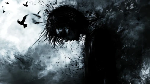 Silhouetted figure stands in dark abstract splatter field