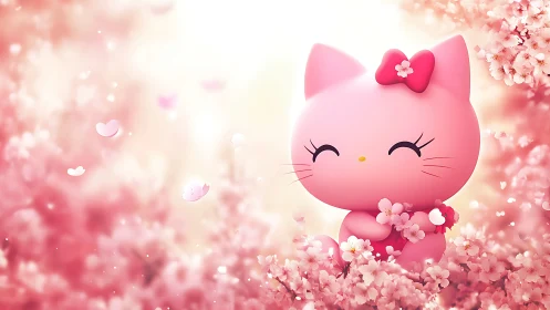 Blossom-bright pink kitty smiling in a dreamy spring garden.