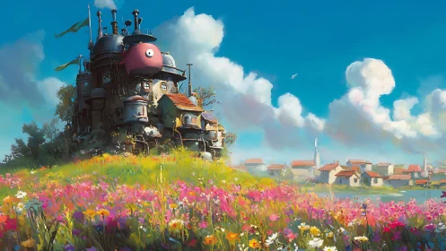 Whimsical steampunk house overlooks a vibrant flower valley