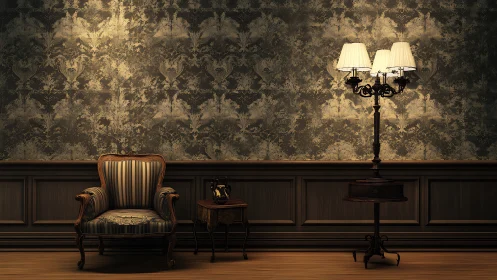 Vintage armchair, side table and floor lamp in dim room.