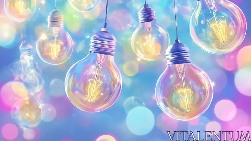 Hanging glass light bulbs with multicolored bokeh background.