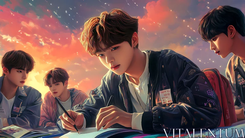Digital boys studying under vivid twilight sky scene.