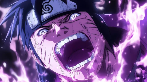 Shinobi battle cry ignites storm of violet chakra flames.