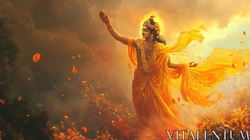 Divine figure in ornate yellow robes amid glowing clouds.
